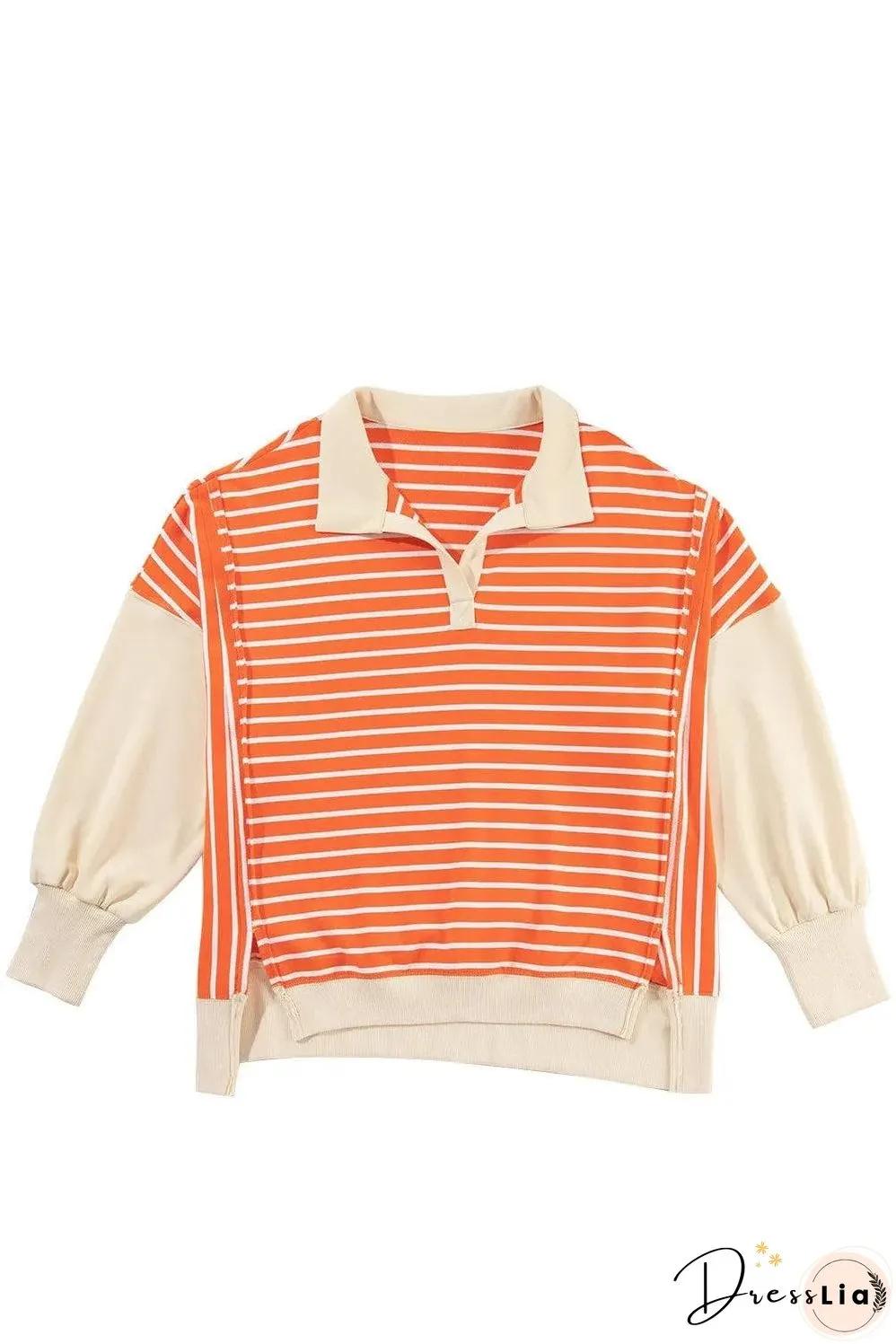 Orange Stripe Color Block Loose Fit Collared Drop Shoulder Sweatshirt