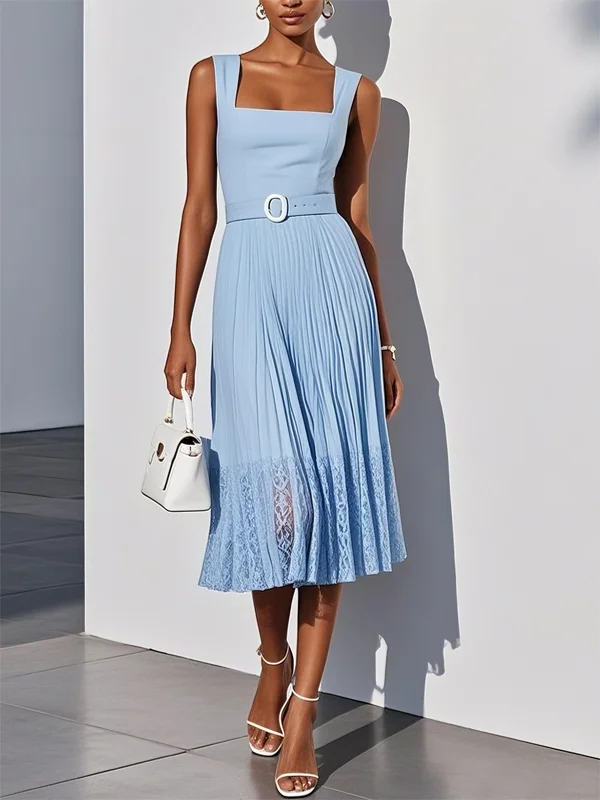 Suspender Solid Color Lace Midi Dress