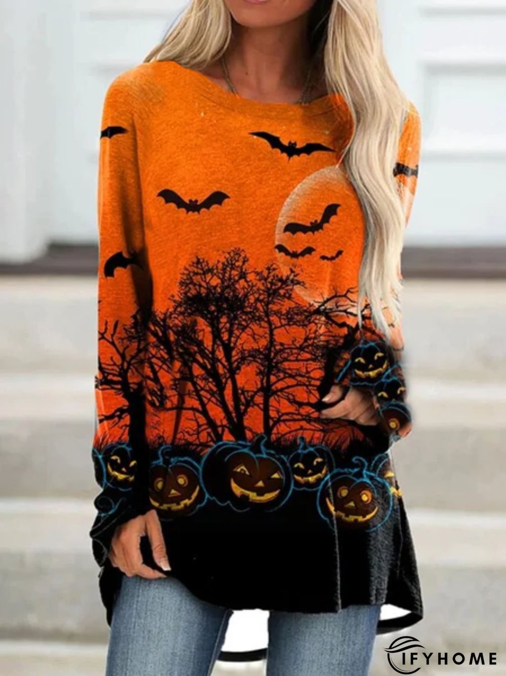 Halloween Casual Long Sleeve Round Neck Printed Top Tunic T-Shirt | IFYHOME