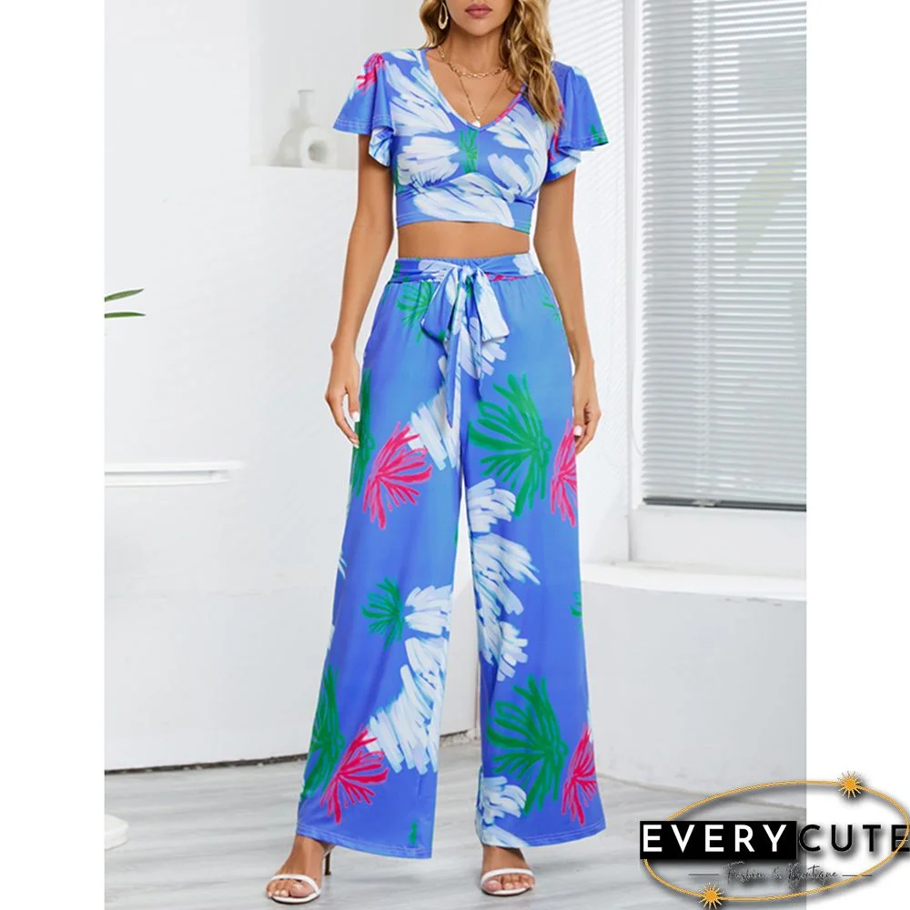 Blue Printed V Neck Crop and Wide Leg Pant Set