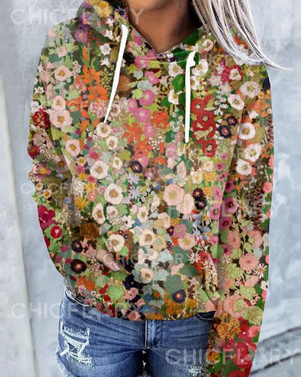 Women's Floral Print Hooded Long Sleeve Sweatshirt