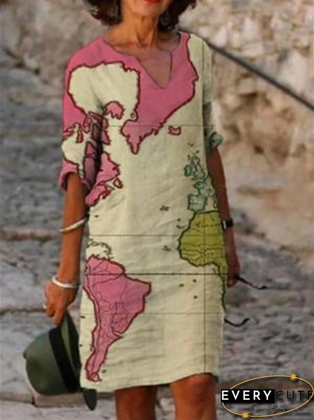 Half Sleeve Earth Printed V-Neck Dress