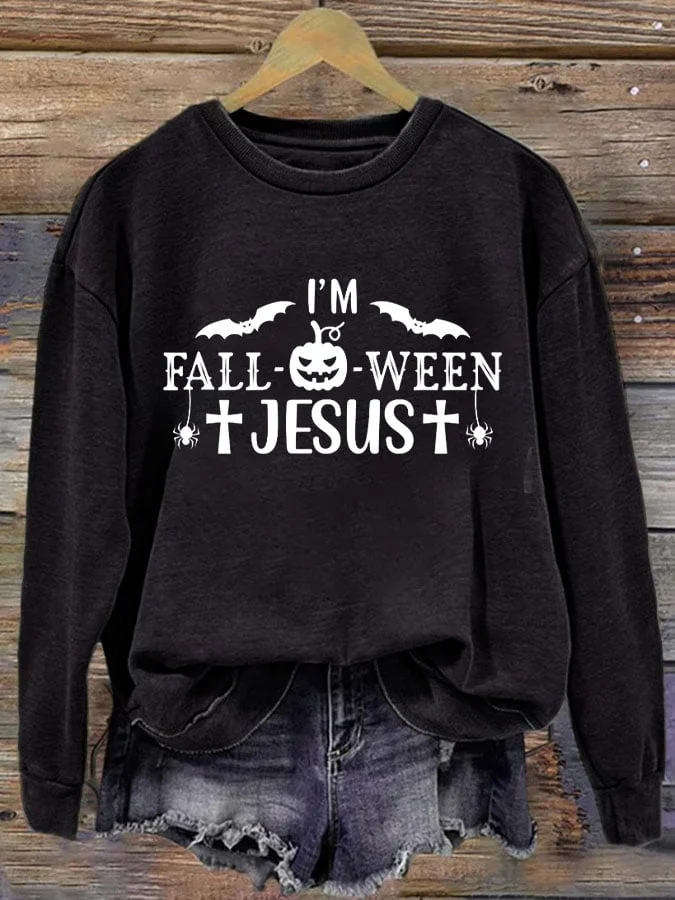 Women's I'm Fall-o-ween Jesus Printed Round Neck Long Sleeve Sweatshirt socialshop