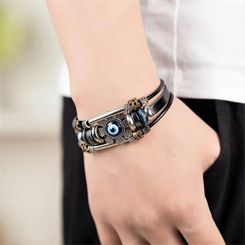 black punk turkish lucky evil eye multilayer leather bracelet for men details 4