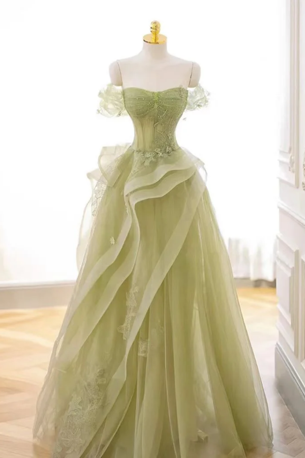 slim fit dress slacks Beaded Long One-Shoulder Cape Formal Dress Apple Green / 2 main image 0