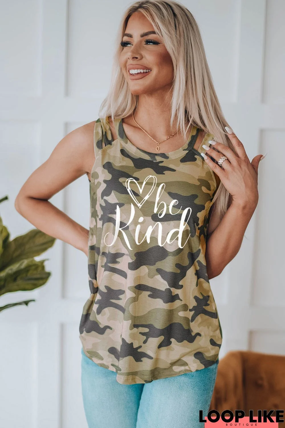 Be Kind Graphic Camouflage Print Women's Tank Top