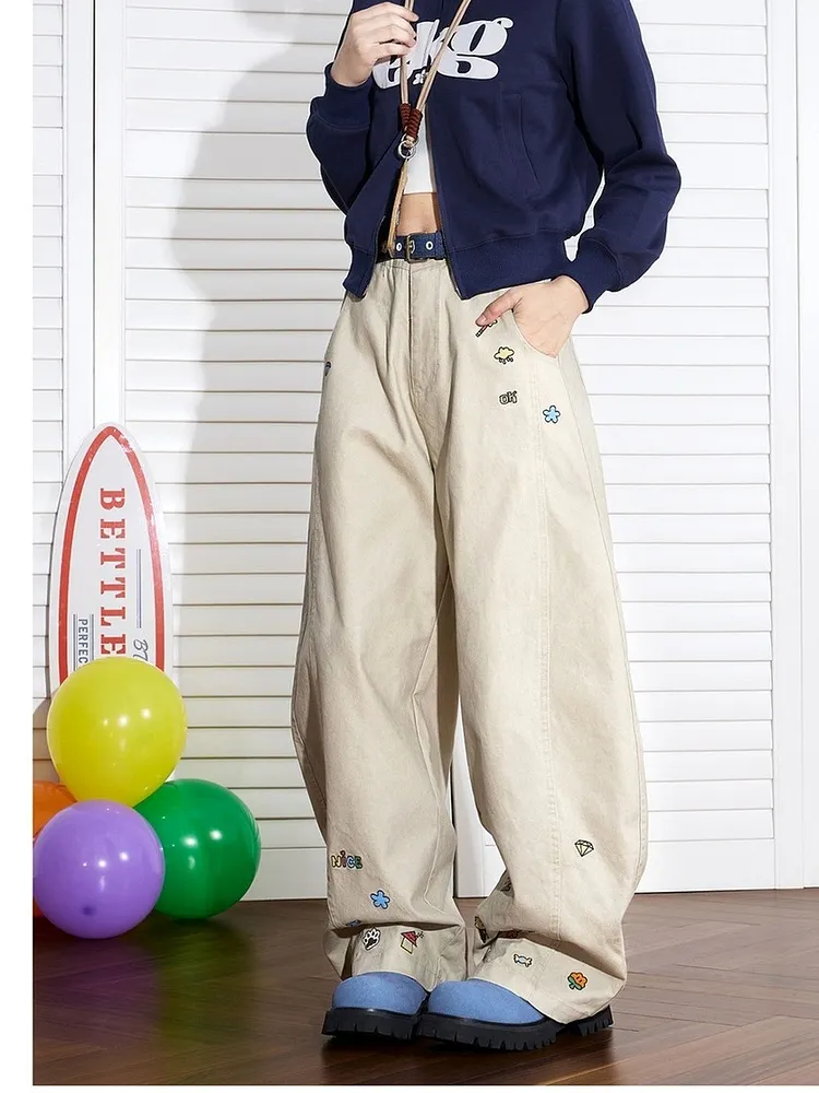 High Waisted Straight Leg Denim Pants in a Relaxed Wide Fit