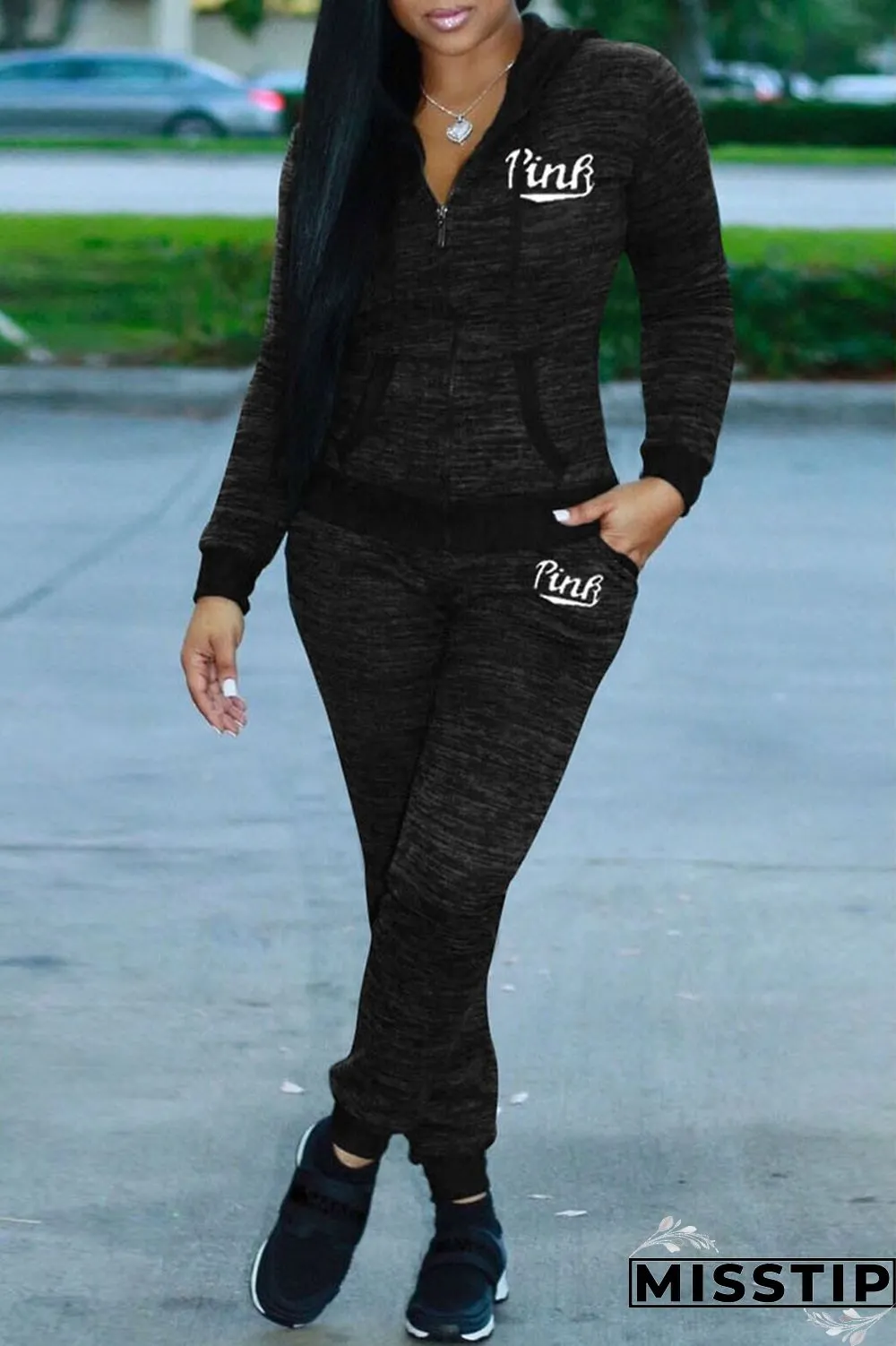 Blue Casual Sportswear Letter Print Patchwork Hooded Collar Long Sleeve Two Pieces
