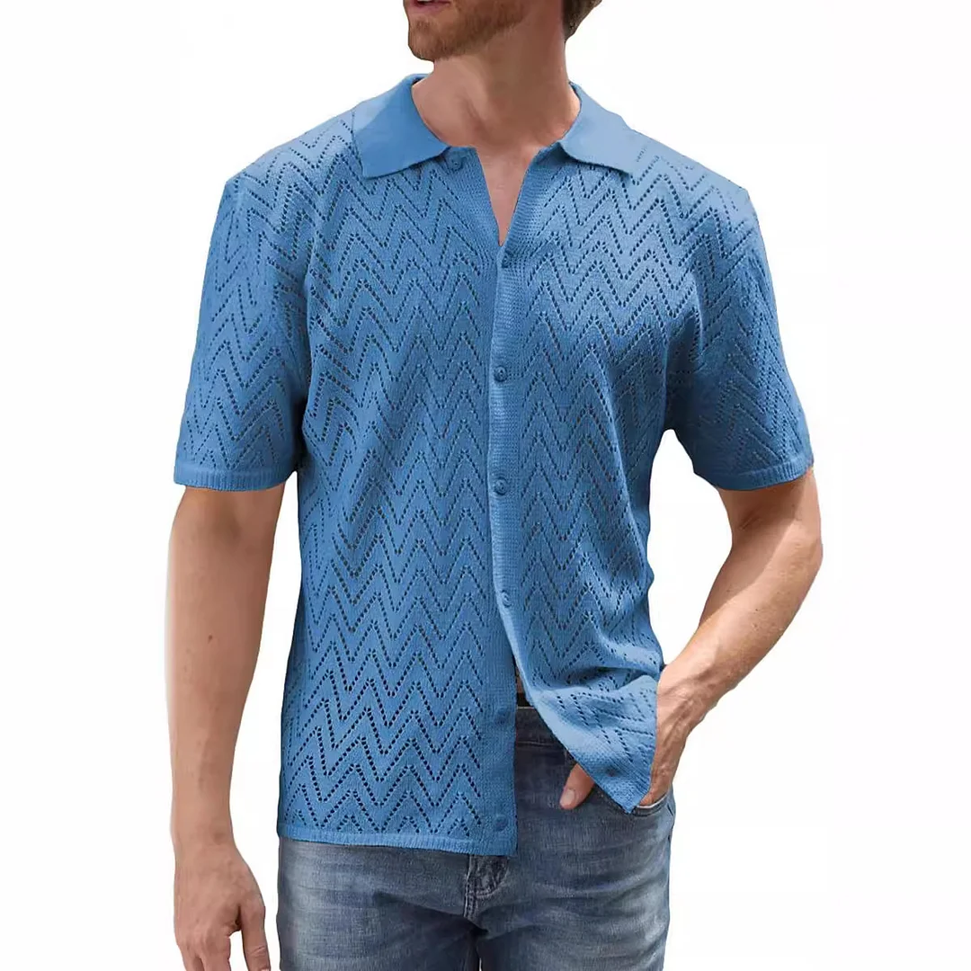 Wongn Wongn Men's Casual Knit Shirt Summer New Hollow-Out Breathable Cool Short-Sleeved Jacket Cardigan Men's Wear