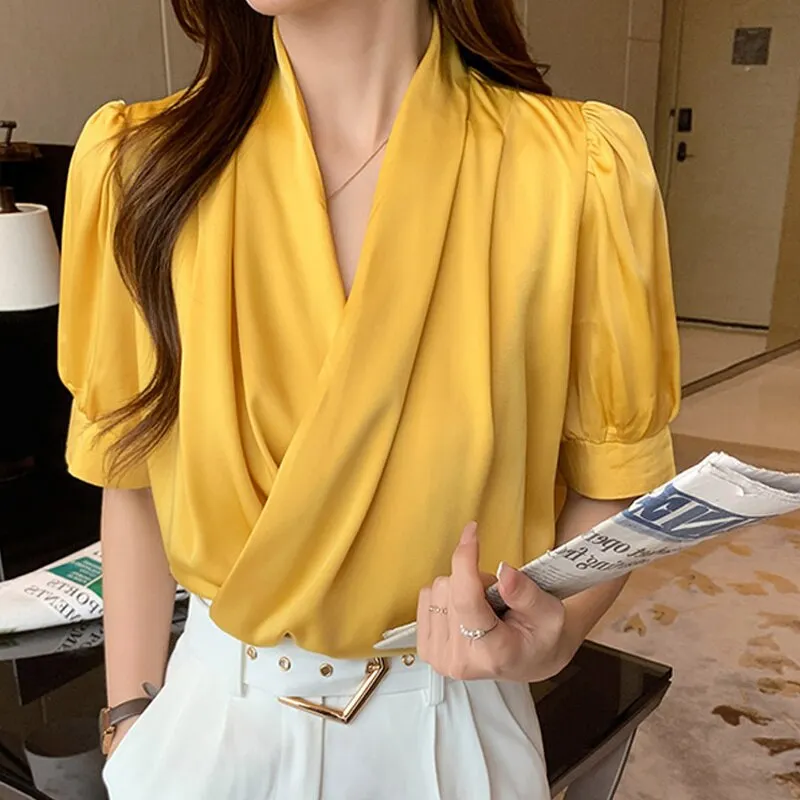 Summer Fashion V-neck Blouse Women 2021 Short Sleeve Tops Office Lady Blouse Female New Chiffon Blouses Clothes Blusas 14080