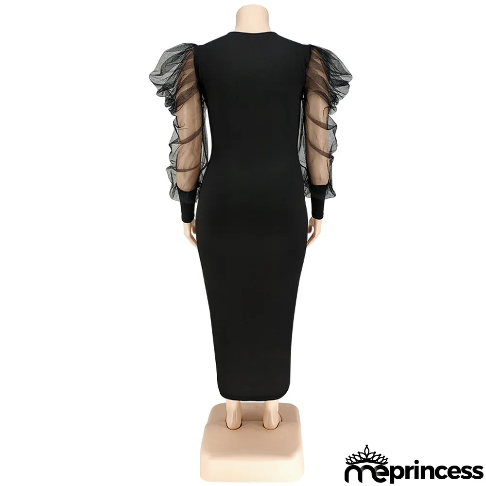 Plus Size Fall Women'S Round Neck Ruched Mesh Long Sleeve Solid Color Long Dress