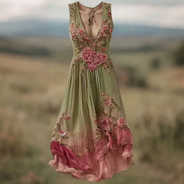Women Vintage  Floral Art V Neck Linen Maxi Dress