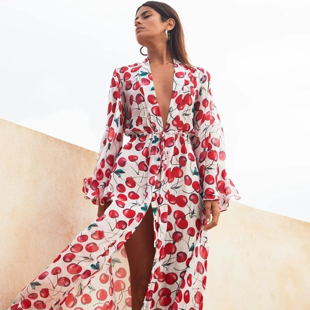 Leaves Print Bikini Beach Cover up Tunics for Beach Long Kaftan Bikini Cover up Robe de Plage Sarong Beach Swimsuit cover-ups