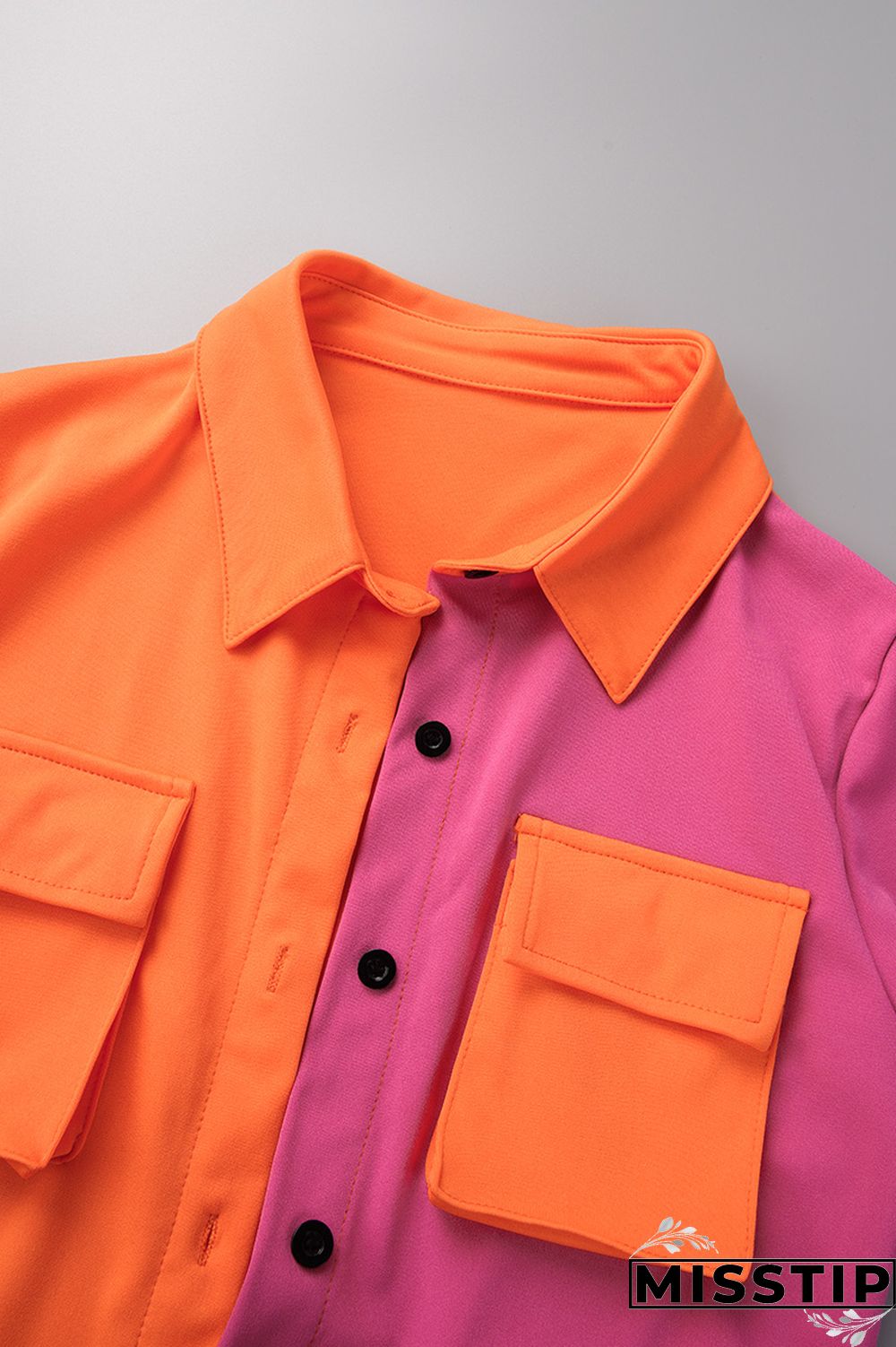 Blue Casual Patchwork Contrast Shirt Collar Short Sleeve Two Pieces