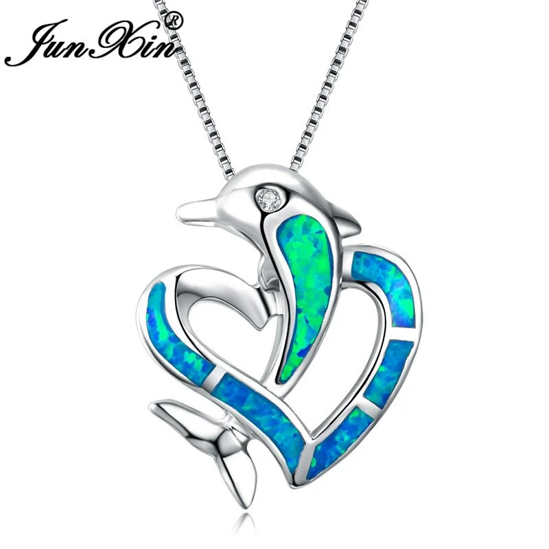 JUNXIN Silver Color Best Valentine's Day Gift Blue Fire Opal Dolphin & Heart Crossed Pendant Necklaces For Women