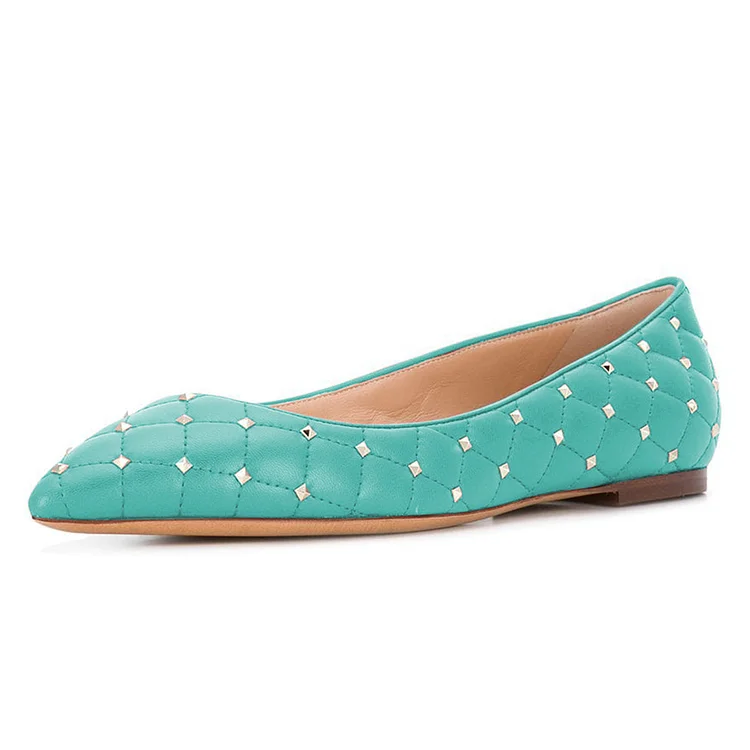 Turquoise Quilted Pointed Toe Studded Comfortable Flats |FSJ Shoes