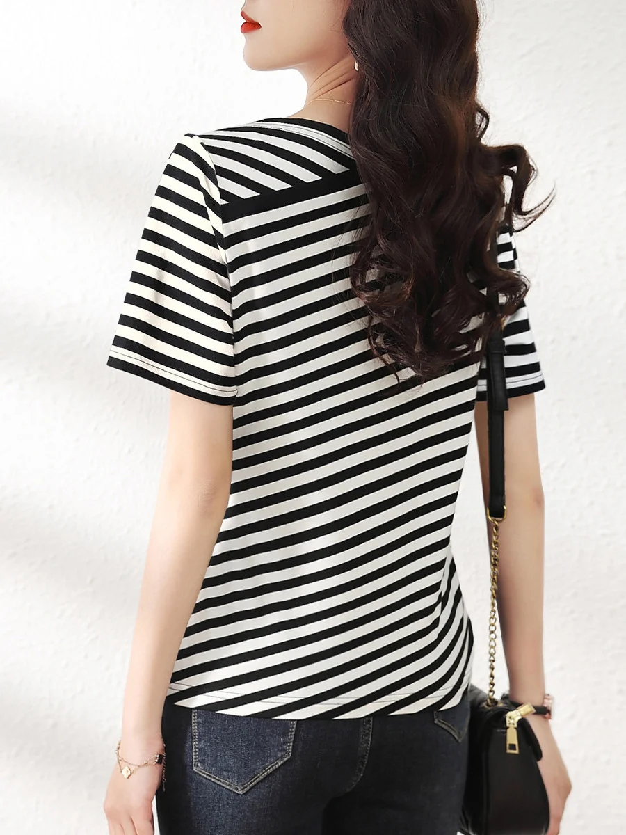 Athvotar Athvotar Thin Style 2025 New Retro-Collending V-Neck Striped Knitted Shirt Short-Sleeved T-Shirt Top For Women's Summer