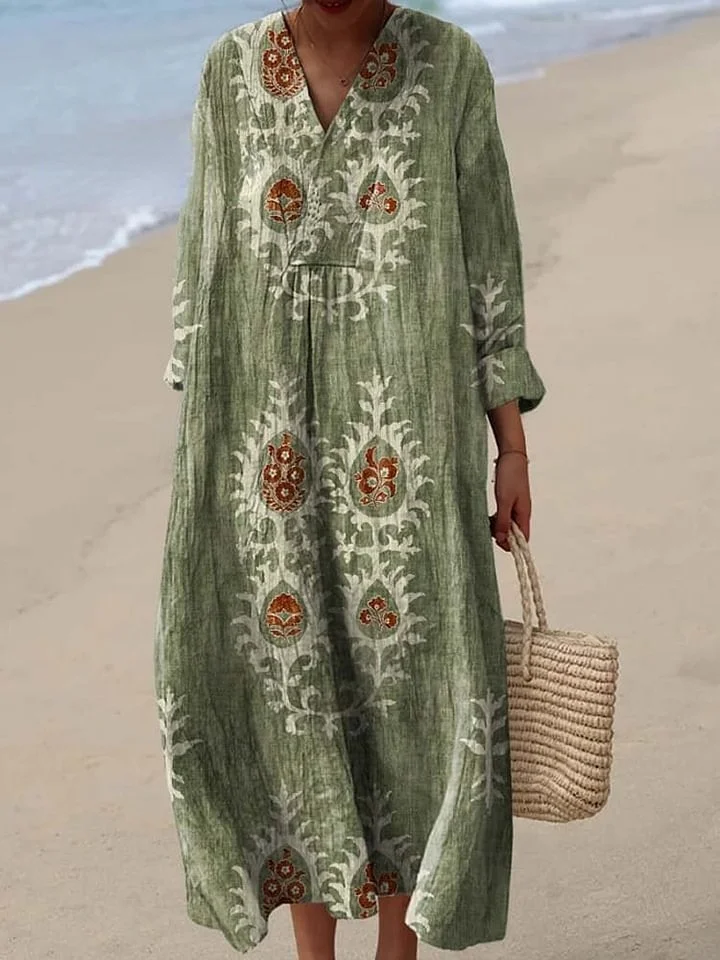 Women's Vintage Ethnic Floral Art Print Cotton Dress