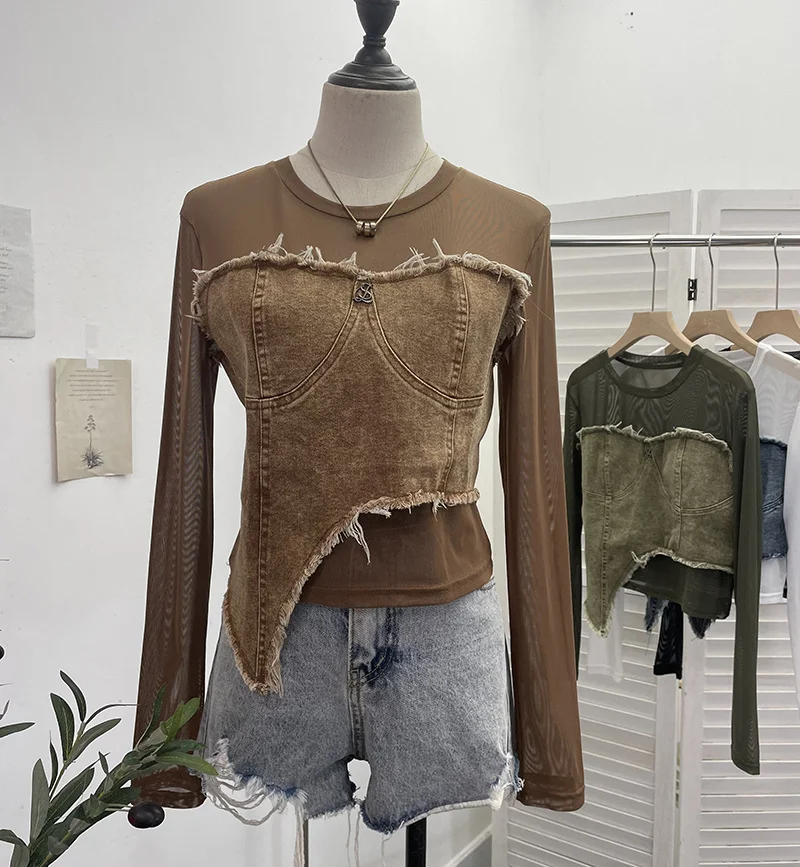 Churchf Design Feel Niche Cowboy Splicing Long-Sleeved Mesh T-Shirt Girl Summer Round Collar Dress Short Top 2617