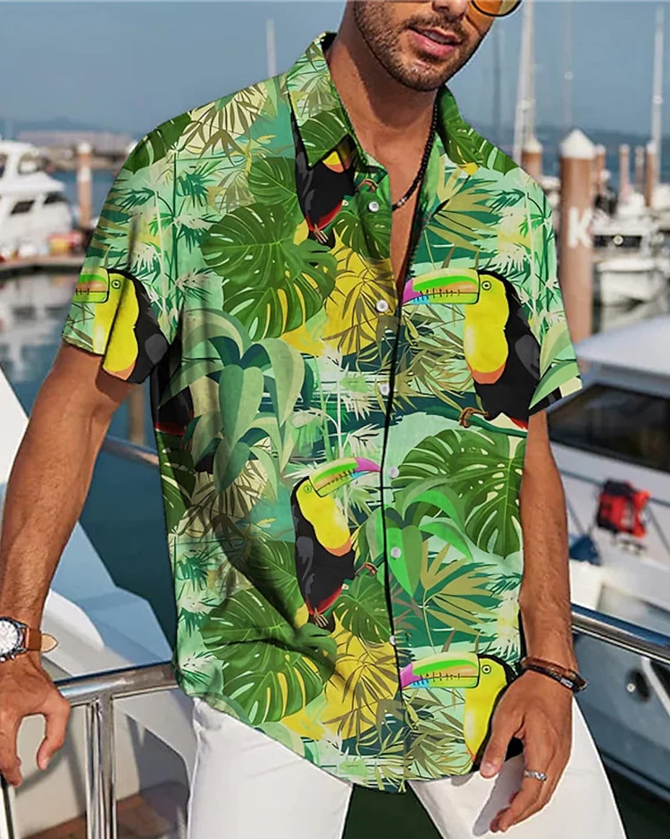 Green Casual Hawaiian Short Sleeve Printed Men's Shirt at Hiphopee