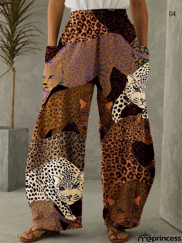 Female Retro Art Printed Loose Plus Size Elastic Waist Wide Leg Pants