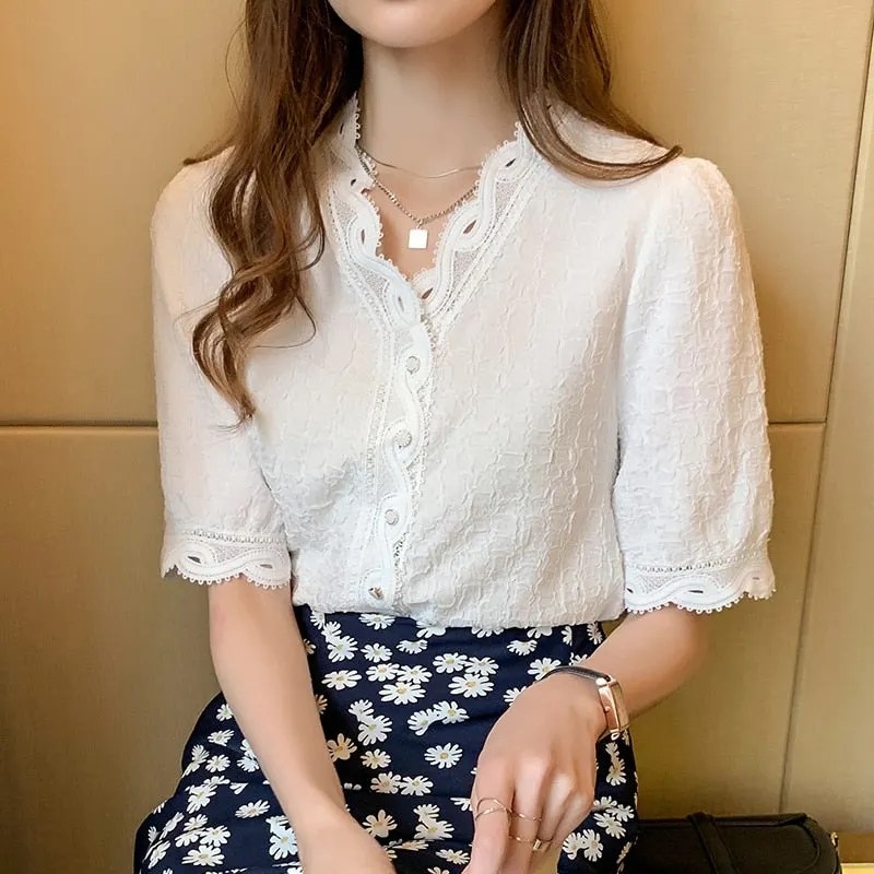 Vintage Lace with Button Lady's Top Short Sleeve Summer New Puff Sleeve White V-Collar Chiffon Blouse Slim Cardigan Shirts 10051