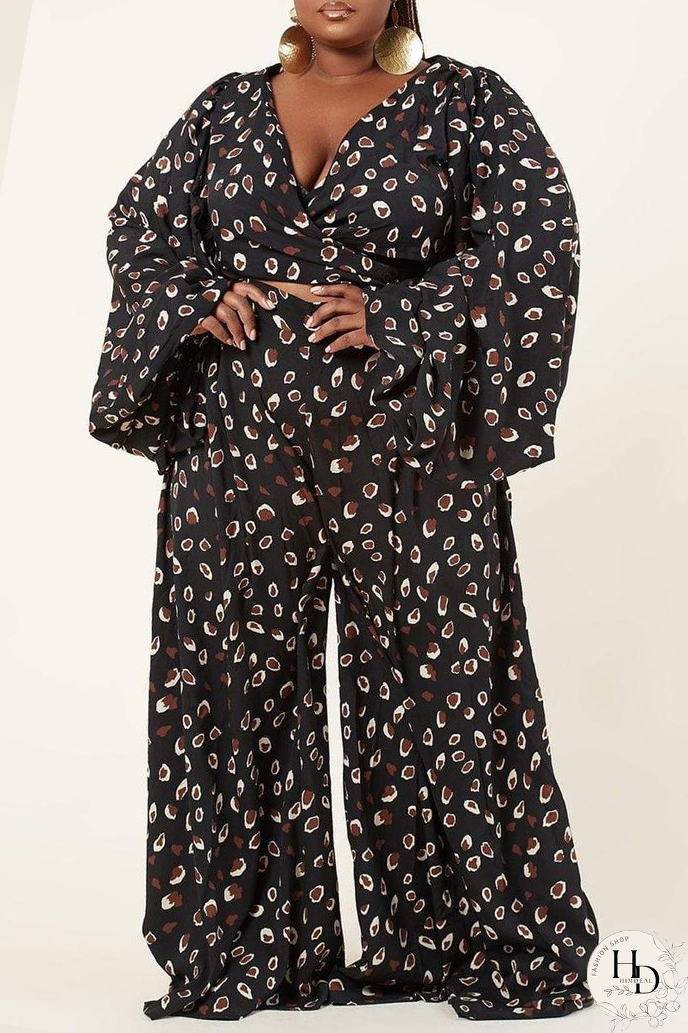 Black Fashion Casual Print Bandage V Neck Long Sleeve Two Pieces