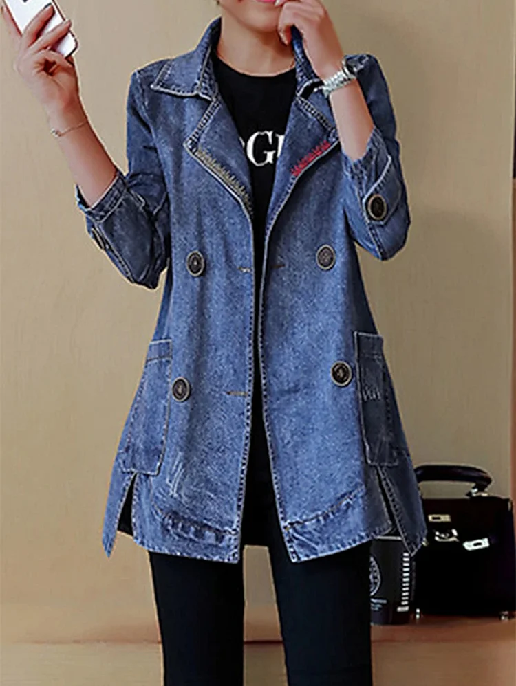Fashionable Notch Lapel Double Breasted Solid Denim Coat