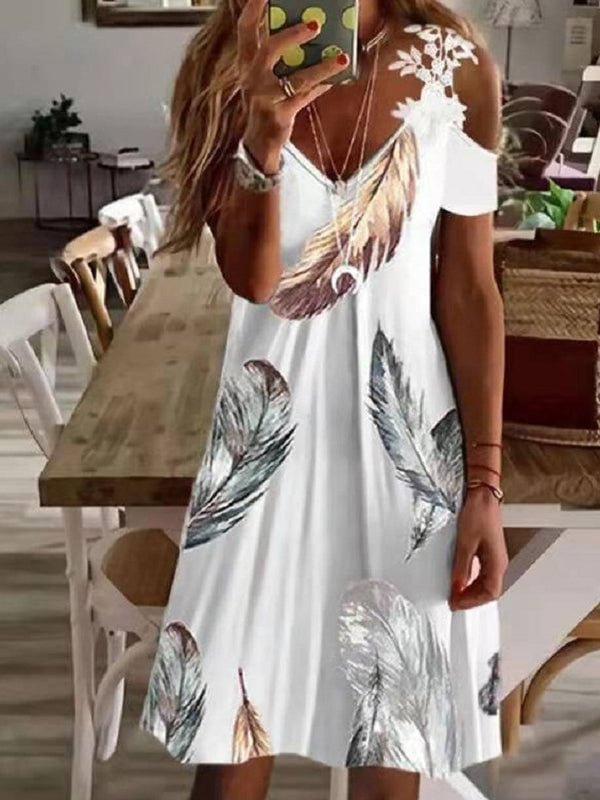 Women's Floral Printed V-neck Cold Shoulder Midi Dress