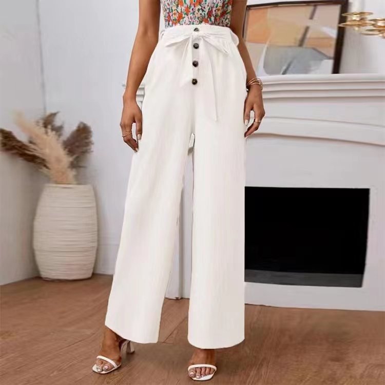 Women's Solid Color Cotton Linen Elastic Loose Wide Leg Trousers