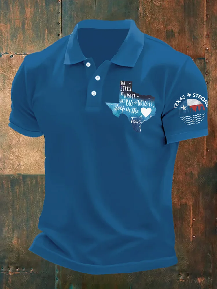 VChics Men's Retro Texas Strong The Stars At Night Are Big And Bright Deep In The Heart Of Texas Printed Polo Shirt