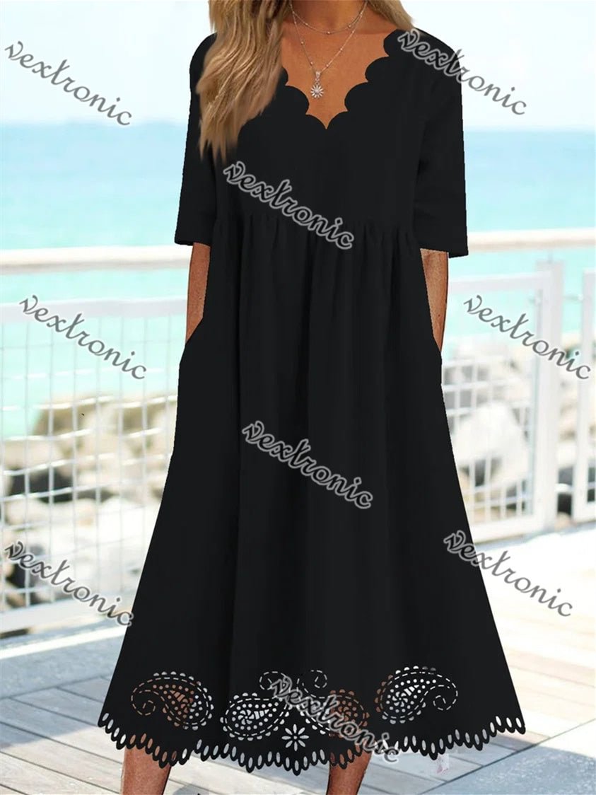 Women's Black Half Sleeve V-neck Lace Midi Dress