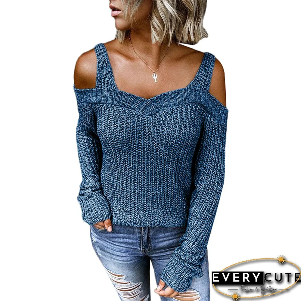 Blue Cold Shoulder Long Sleeve Knit Sweater