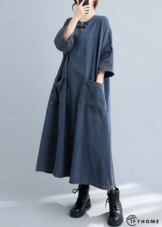 Plus Size Blue O Neck Pockets Patchwork Denim Long Dresses Fall | IFYHOME
