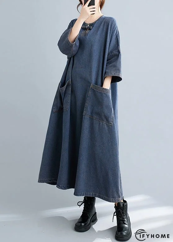 Plus Size Blue O Neck Pockets Patchwork Denim Long Dresses Fall | IFYHOME