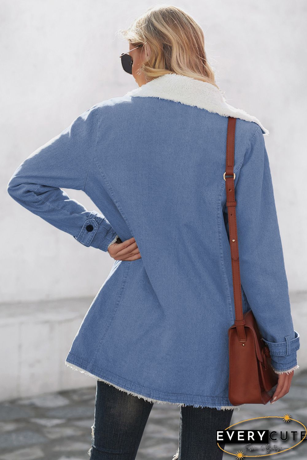 Sky Blue Lapel Collar Button Fleece Jacket