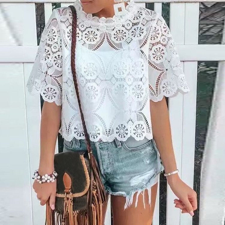 O-Neck White Womens Blouse Vintage Hollow Out Flower Female Ladies Tops Casual Lace Short Sleeve Blouse Shirts Blusas Mujer #3 - BlackFridayBuys
