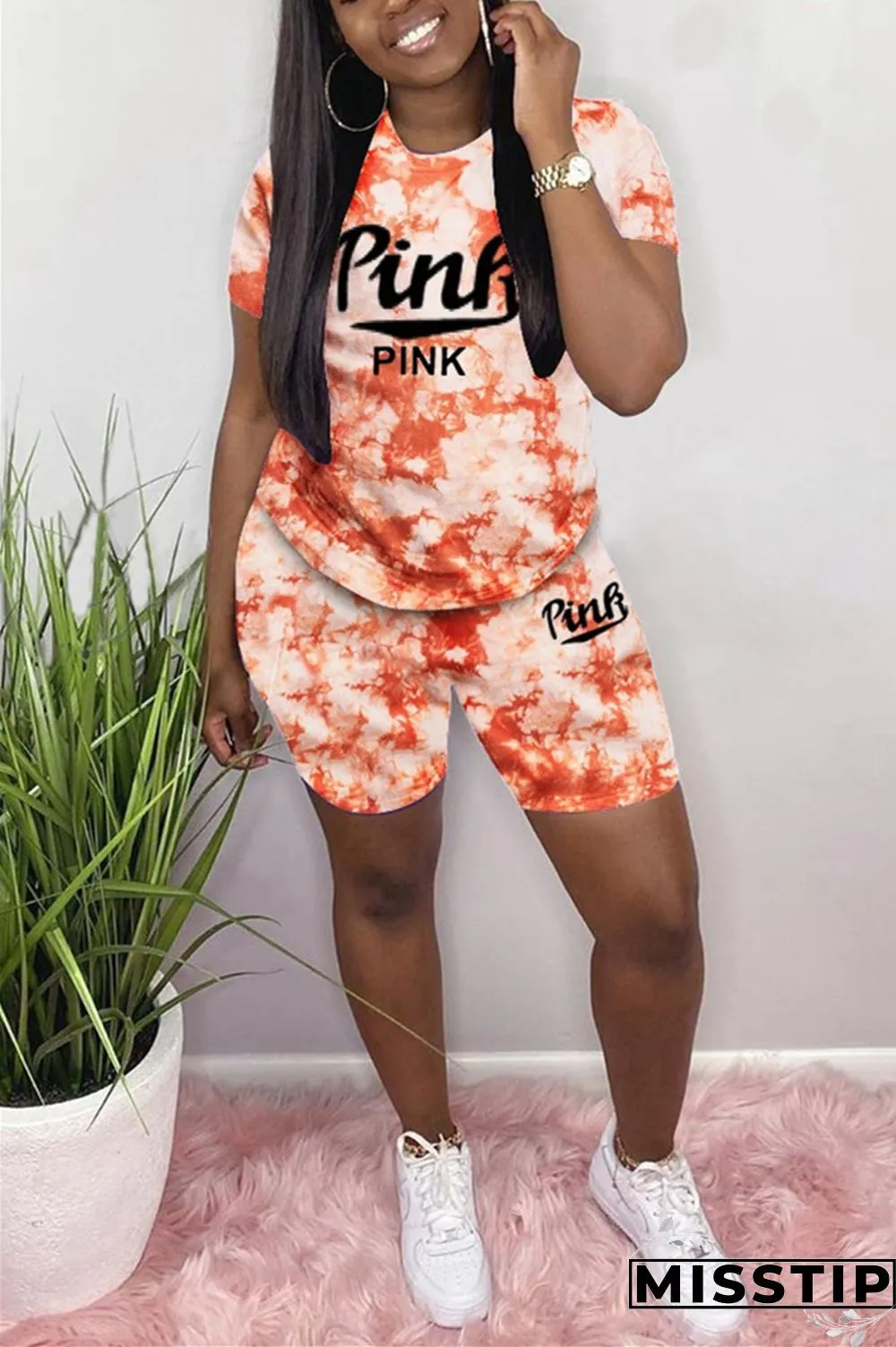 Green Fashion Casual Short Sleeve O Neck Regular Letter Print Tie Dye Two Pieces