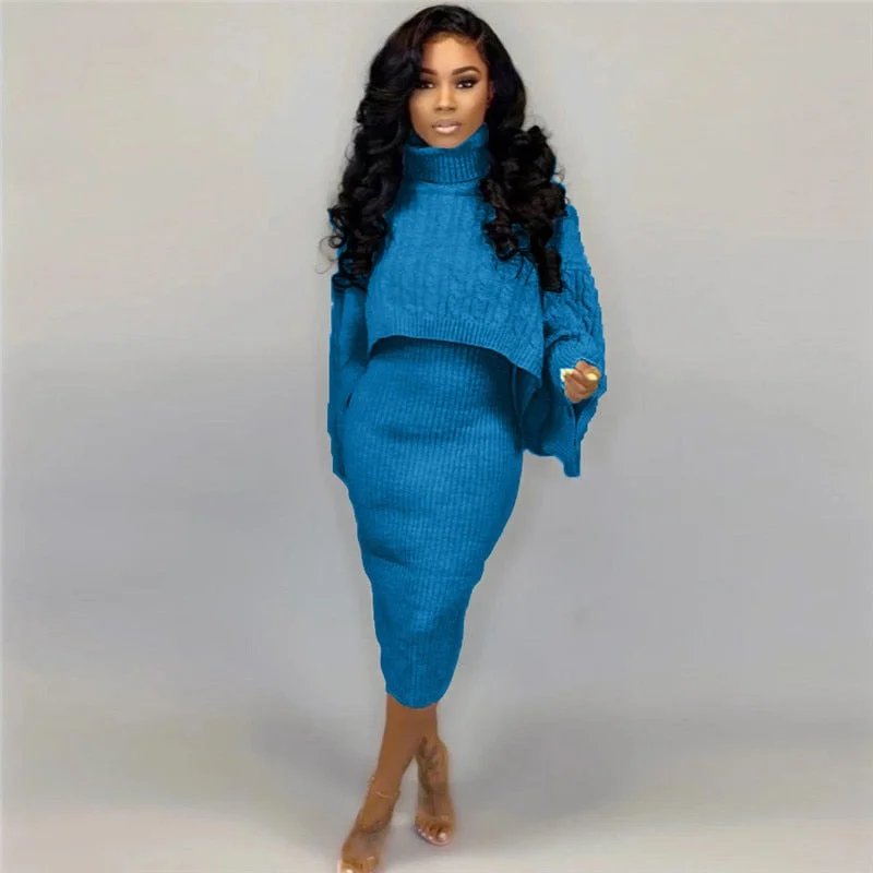 Autumn Winter Women 2 Piece Set New Hot Sale Midi Dress Turtleneck Top Sweater Matching Set Free Shipping Wholesale Dropshpping