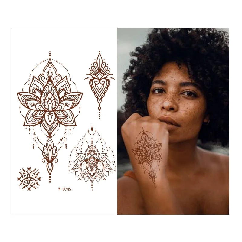 Henna Tattoo Sticker Temporary Brown Henna Chest Hand Lace Henna Mandala Flash Tattoos Sticker Body Art Arm Fake Tatoo Women Men
