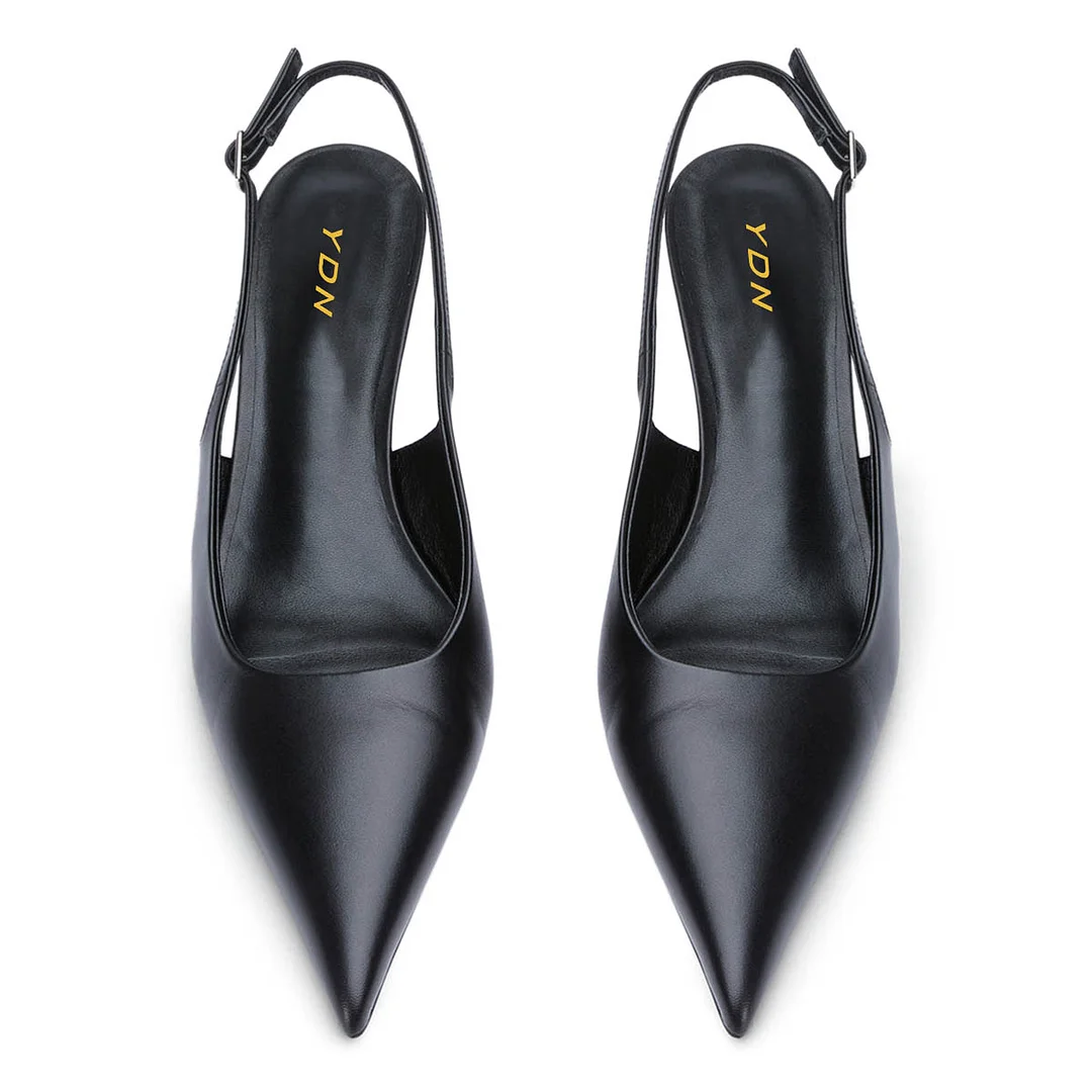Black Vegan Leather Pointed Toe Buckle Strap Slingback Kitten Heels
