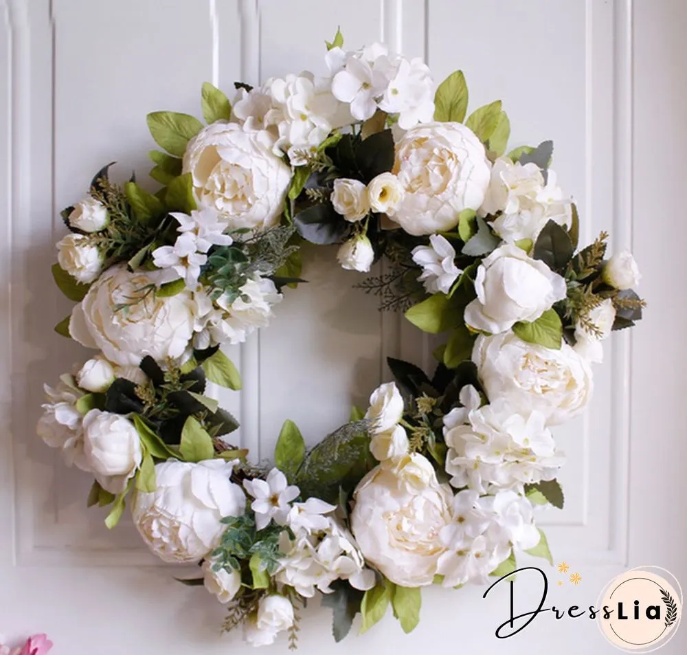 40cm Handmade White Peony Wreaths Simulation Flower Wreath Garlands for Wedding Door Decoration