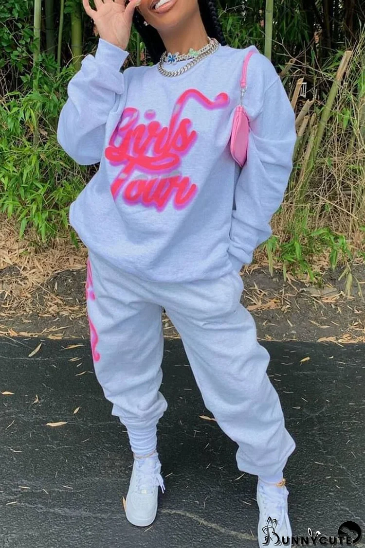 White Casual Print Patchwork O Neck Long Sleeve Two Pieces