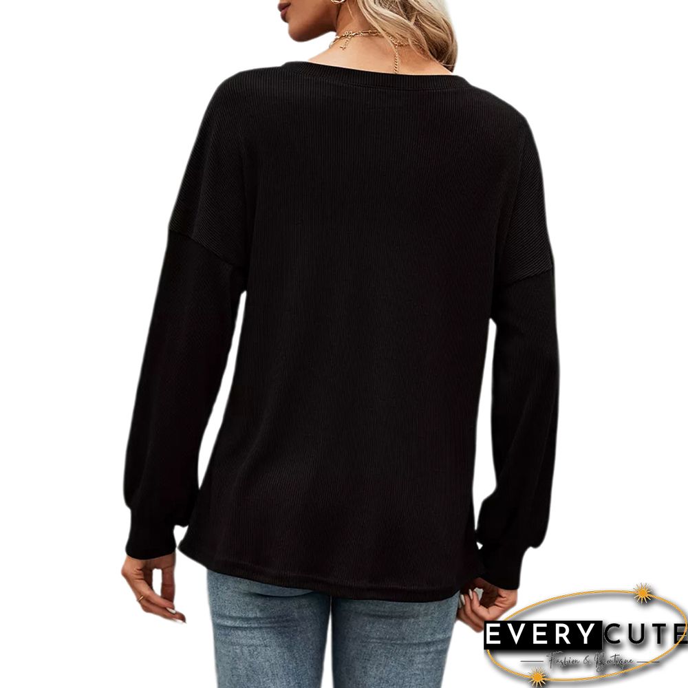 Black Button-up Drop Shoulder Puff Sleeve Tops