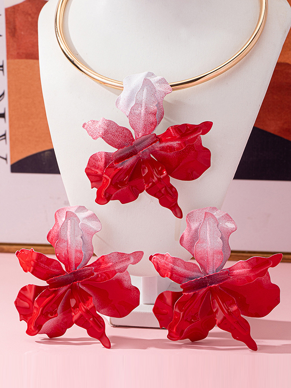 Flower Shape Necklaces Accessories + Drop Earrings RED-One_size