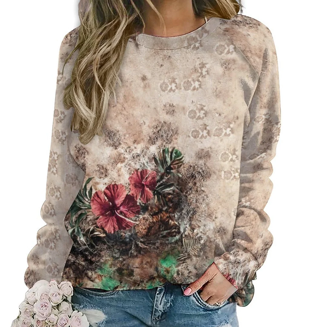 Printed Long Sleeve Casual Sweatshirt for  Women and Men Unisex Pattern Floral, Red, Pink