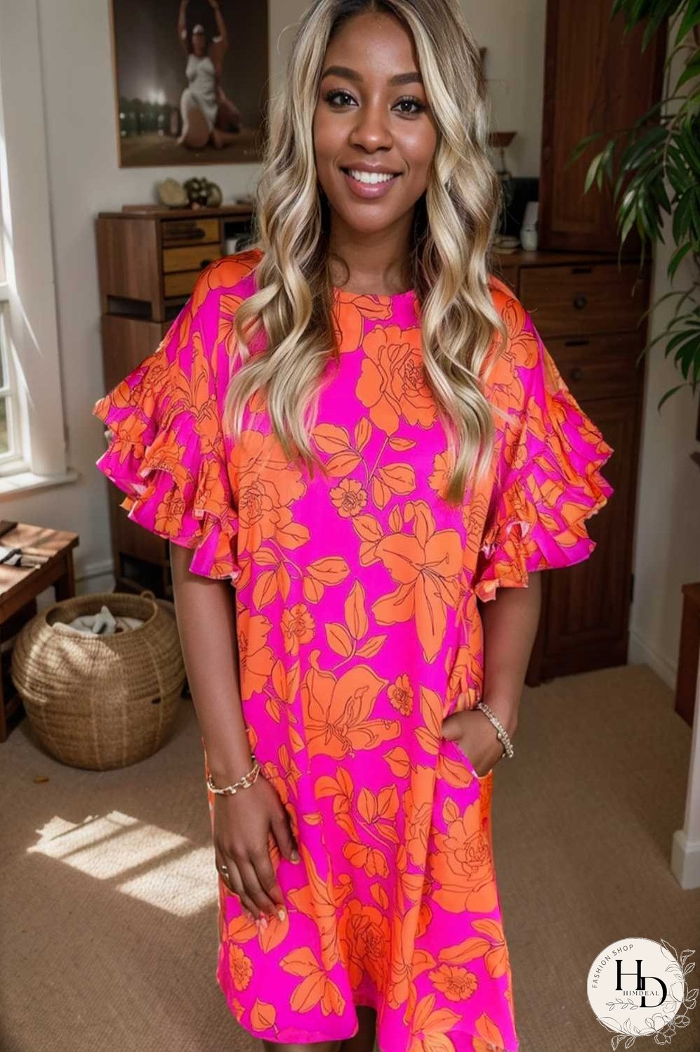 sloping shoulder ruffle print dress