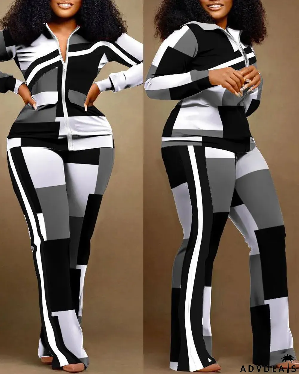Plus Size Casual Print Zipper Long Sleeve Pant Two Piece Set
