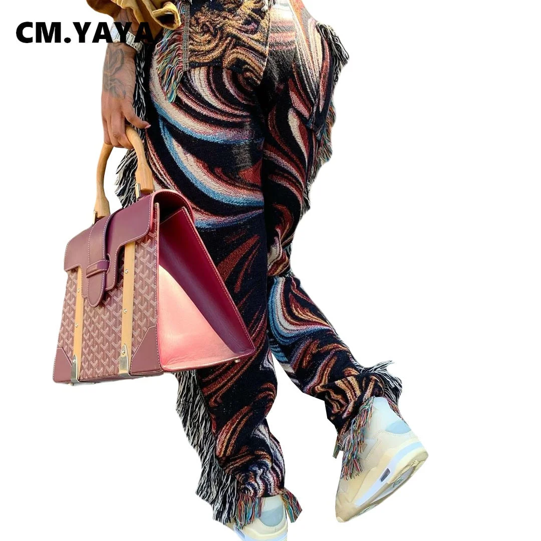 CM.YAYA Autumn Spring Women Pants High Waist Activewear Pencil Trousers Sporty Print Tassel Jogger Pants Sweatpants