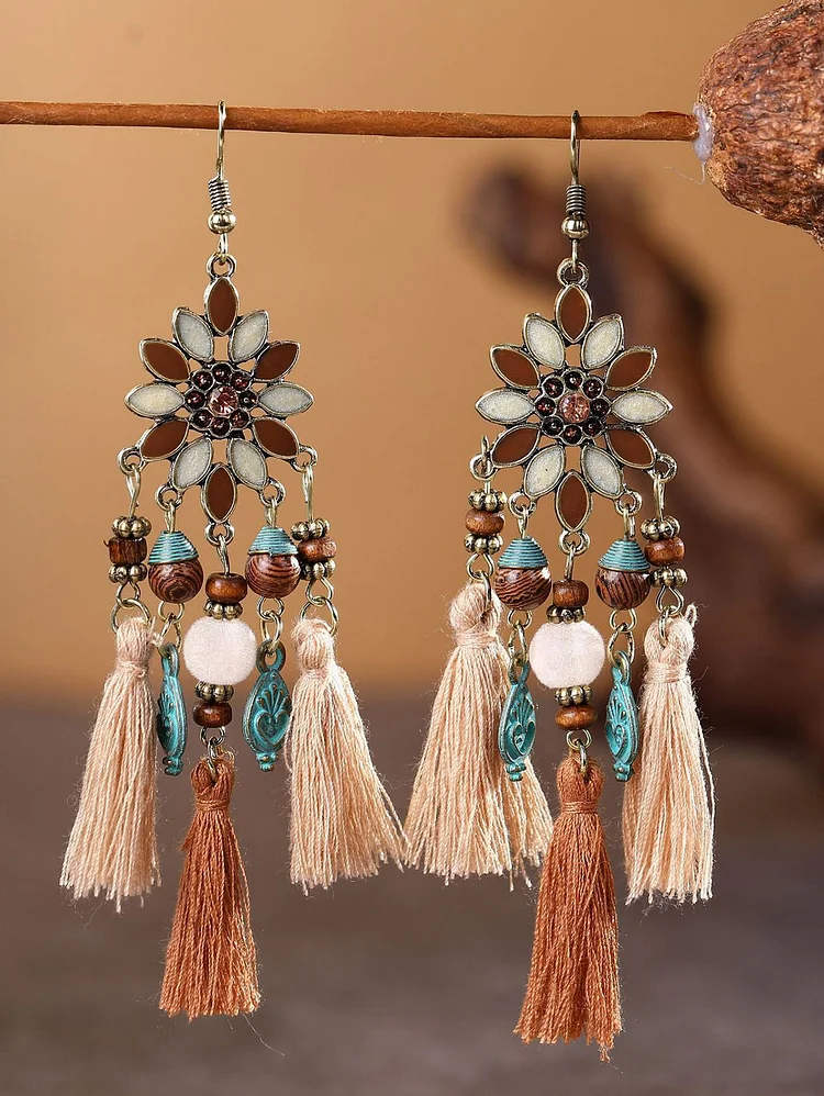 Boho Flowers Fringe Wood Beads Earrings